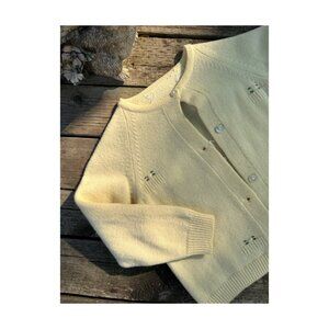 Vintage 50s Yellow 100% Wool Knit Cardigan Floral Embroidery Button Up 2t/3t/4t